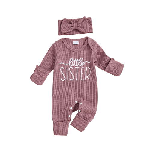BemeyourBBs Newborn Baby Girl Little Sister Outfit Letter Embroidered Romper Jumpsuit and Headband 2 Pcs Clothes Set