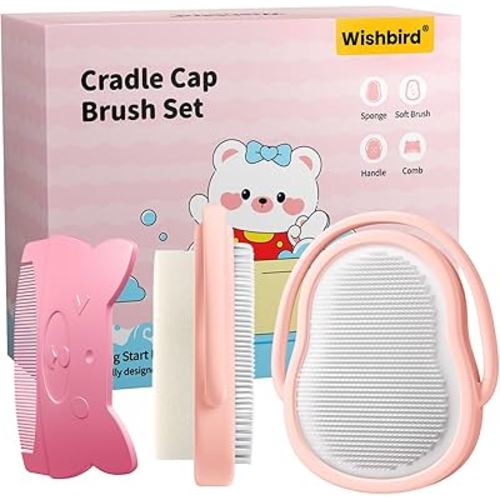 3-in-1 Baby Cradle Cap Brush kit, Soft Baby Brush, Curved Comb & Bath Sponge | BPA-Free Cradle Cap Treatment Set for Newborns, Infants Dry Skin Flakes Removal, Pink