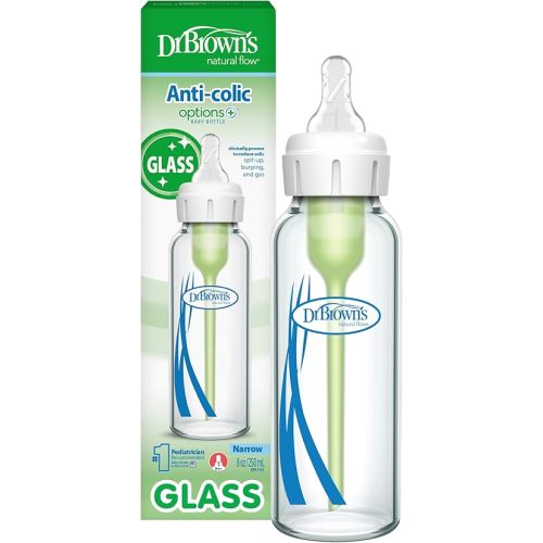 Dr. Brown's Anti-Colic Options+ Narrow Glass Baby Bottle with Level 1 Slow Flow Nipple, BPA-Free, 8 oz/250 mL, 1-Pack