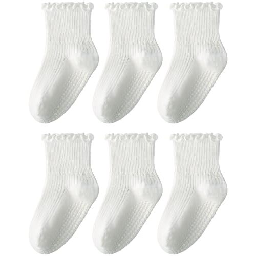 HONGTEYA 6 Pairs Toddler Ruffle Socks for Girls Non Slip Baby Socks with Grips for 1-2 Years 3-4 Years 5-6 Years Girls Boys
