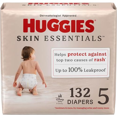 Huggies Size 5 Diapers, Skin Essentials Baby Diapers, Size 5 (27+ lbs), 132 Count (2 Packs of 66), Packaging May Vary