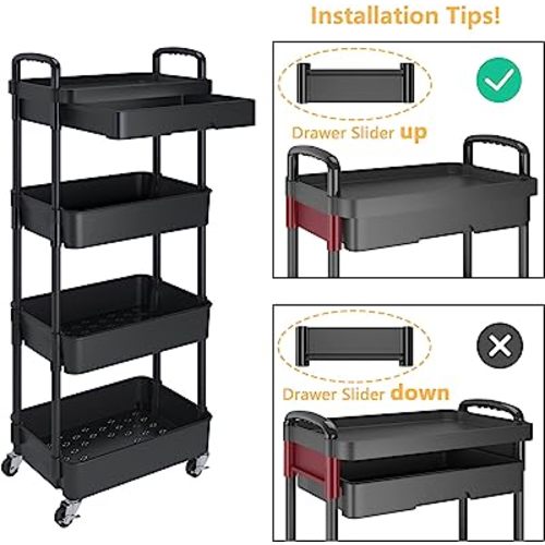 Calmootey 4-Tier Rolling Utility Cart with Drawer,Multifunctional Storage Organizer with Plastic Shelf & Metal Wheel,Storage Cart for Kitchen,Bathroom,Living Room,Office,Black - White