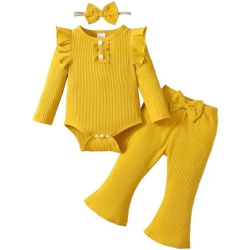 Infant Baby Girls Outfit Cute Ruffle Sleeve Ribbed Knit Romper Bodysuit and Flare Pants Clothes Set 3 Piece