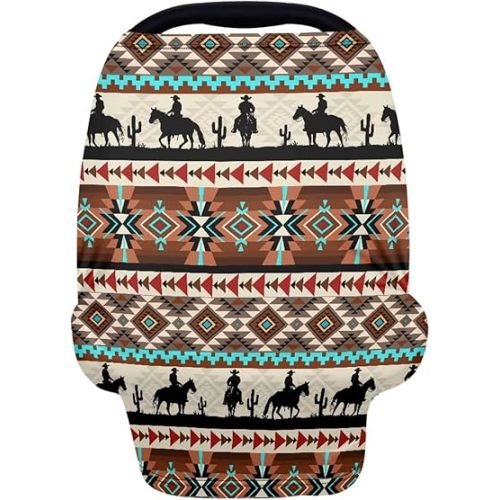 Aztec Car Seat Cover for Babies, Horse Print Breathable Nursing Covers Breastfeeding Scarf,Multi Use Infant Carseat Canopy for Newborn Carrier/Stroller/Shopping Cart/High Chair