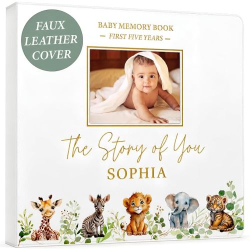 PERSONALIZED Baby Book – Baby Memory Book Keepsake for Boy or Girl I First 5 Year I Faux Leather, Gender Neutral, Safari Theme w/Gold Foil Stamp - Baby First Year Book Scrapbook Photo Album Shower