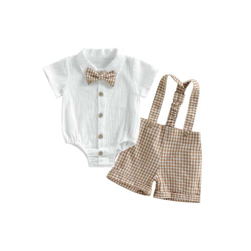 Loicainy Infant Baby Boy Gentleman Clothes Set 3 6 9 12 18 Month Short Sleeve Bow Tie Romper with Plaid Suspender Shorts Summer Outfit