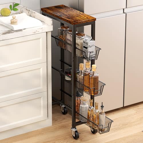 Honest Slim Storage Cart 4-Tier Slim Rolling Cart with Metal Frame and Wooden Top, 6.3 Inches, Storage Cart for Kitchen, Dining Room, Living Room, Bathroom, Home Office, Rustic Brown and Black