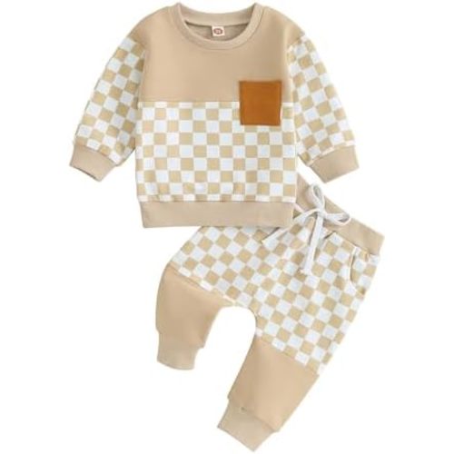 FOCUSNORM Toddler Baby Girl Fall Outfits Long Sleeve Checkerboard Print Tops Drawstring Pants Cute Litter Girl Winter Clothes