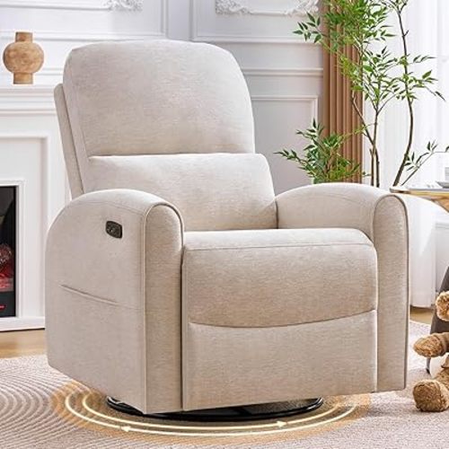 Swivel Rocker Recliner, Power Swivel Glider Nursery Recliner Chair with Lumbar Support, Upholstered Rocking Electric Recling Chairs for Adults Nursery, Living Room, Bedroom, Camel