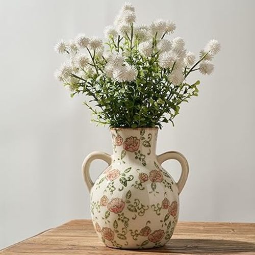 SIDUCAL Ceramic Vintage Pastoral Vase with Handles, 7 Inch Chinoiserie Floral Vase, Retro Ice Cracked Rustic Farmhouse Vases for Home Decor, Living Room, Bookshelf, Office, Tuscan Decor, Red Rose