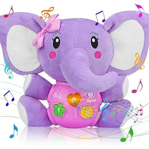 Aitbay Plush Elephant Music Baby Toys 0 3 6 9 12 Months, Cute Stuffed Aminal Light Up Baby Toys Newborn Baby Musical Toys for Infant Babies Boys & Girls Toddlers 0 to 36 Months (Purple)