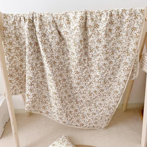BuLuTu Chic Shabby Floral Crib Comforter 47"x59", Muslin Cotton Baby Girls Boys Quilted Blanket, Soft Lightweight Kids Toddler Bed Blankets, Hibiscus Pattern, Machine Washable
