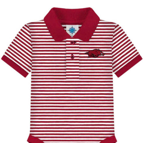6-9 MONTHS - Arkansas Razorbacks CARDINAL Baby Stripe Polo Polo Romper - 35011446