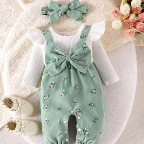 2pcs Baby Girl Ditsy Floral Jumpsuit With Bowknot Decor And Headband, Spring/Autumn | SHEIN USA