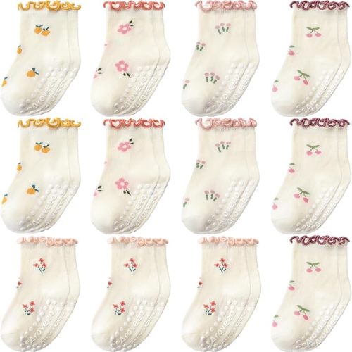 Aroveea Baby Toddler Girls Socks Grip Ruffle Non Slip Girls Cotton 12 Pack Socks for Kids Cute Ankle 6M-7Years