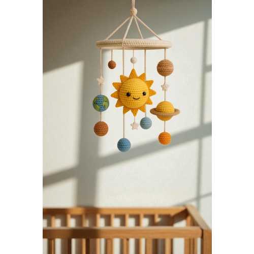 Crochet Solar System Mobile – Handmade Hanging Planet & Sun Nursery Decor – Educational Yarn Toy for Crib or Baby Shower Gift