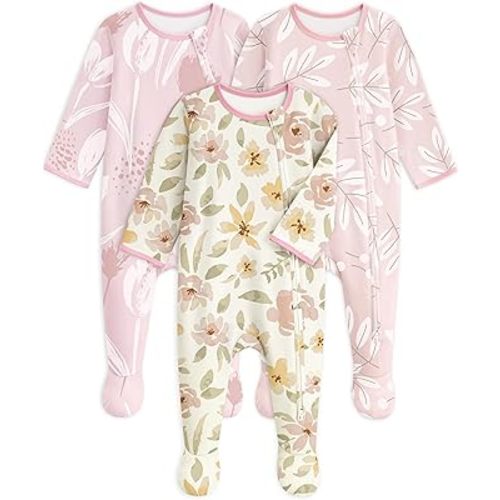 Baby Pajamas 100% Cotton Baby Sleepers for 3-6 Months Baby Girls Clothes 3Pack Soft Footed PJs Pink Flower