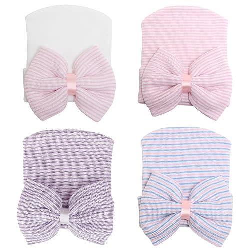 DRESHOW BQUBO 4 Pack Newborn Hospital Hat Infant Baby Hat Cap with Big Bow Soft Cute Knot Nursery Beanie