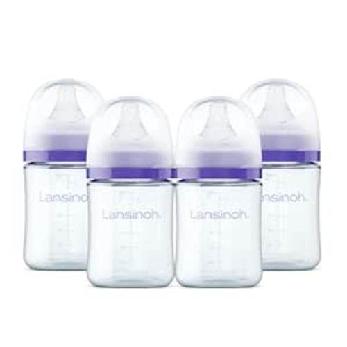 Lansinoh Anti-Colic Glass Baby Bottles, 5 Ounces, 4 Count Bottles for Feeding, Baby Essentials, Includes 4 Slow Flow Nipples, Size S