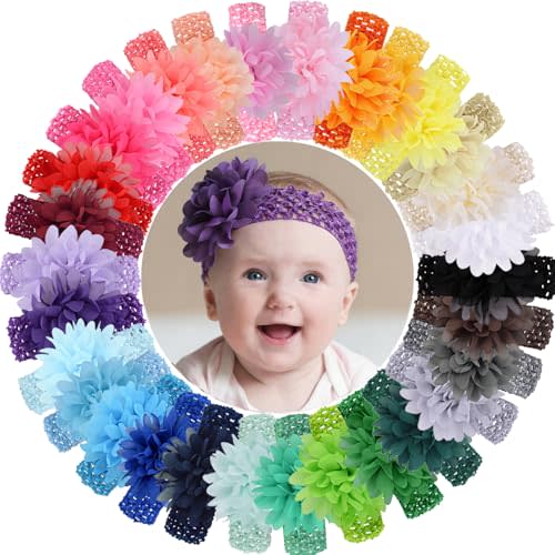 30 Colors Chiffon Flower Baby Girls Headbands Elastic Baby Bows | Soft Stretchy Hair Band Hair Accessories Baby Headbands for Baby Girls Newborns Infants Toddlers and Kids