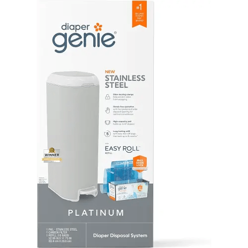 Diaper Genie Platinum Pail (Stone Grey) is Made in Durable Stainless Steel and Includes 1 Easy Roll Refill with 18 Bags That can Last up to 5 Months.