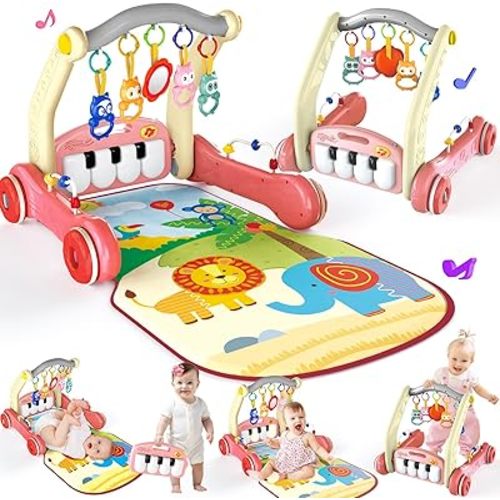 2 in 1 Baby Gym Play Mat with Walker, Kick and Play Piano Gym Activity for Boys Girls, Musical Activity Center Tummy Time Mat for 0-3-6-12-18 Months, Learning Walker Play Gym for Infant Girl Gift(RED)