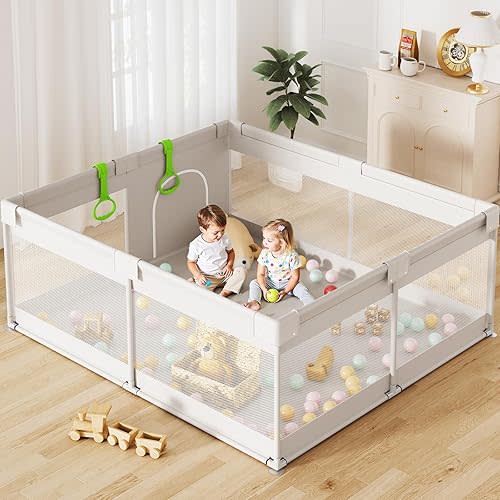 ZEEBABA Extra Large Baby Playpen - 69x59in Play Yard for Babies & Toddlers, Indoor Play Pen with Breathable Mesh and Gate, Parc pour Bébé, Safe Play Pens Give Mom’s Hands a Break