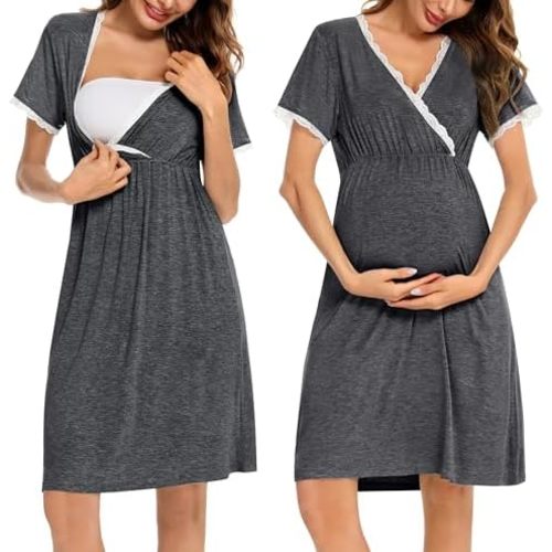 SWOMOG Women 3 in 1 Delivery/Labor/Nursing Nightgown Short Sleeve Pleated Maternity Sleepwear for Breastfeeding