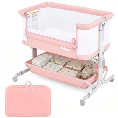 INFANS 3 in 1 Baby Bassinet, Bedside Sleeper with Comfy Mattress, Wheels, 6 Height Adjustable, Storage Basket, Travel Bag, Portable All Mesh Crib for Newborn Infant (Pink)