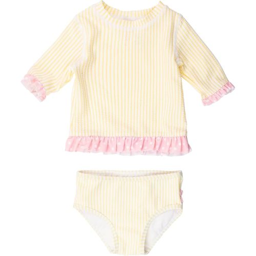 RuffleButts Baby/Toddler Girls UPF50+ Sun Protection Seersucker Short Sleeve Ruffle Rash Guard Bikini