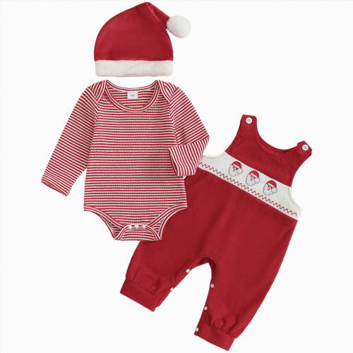 REgarm Christmas Baby Boy Outfit 3PCS Clothes Set Long Sleeve Romper Cute Pattern Suspender Pants Overalls Outfits,0-3 Months