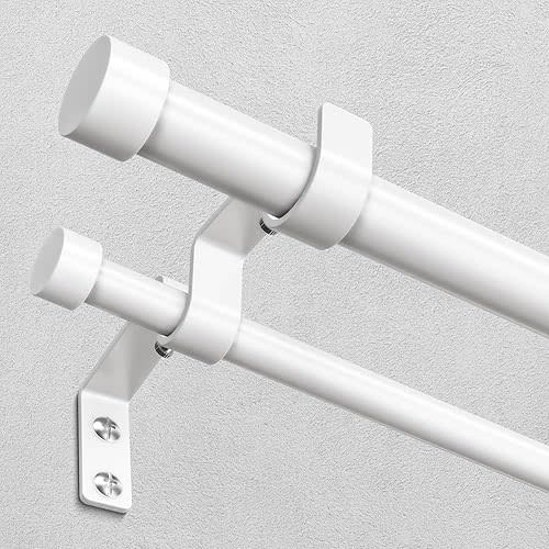 White Double Curtain Rod, 30 to 56 Inch Dual Curtain Rods with Aluminium Modern End Cap Finials, 1 Inch Adjustable Heavy Duty Window Treatment Rods, Telescopic Metal Double Drapery Pole Set