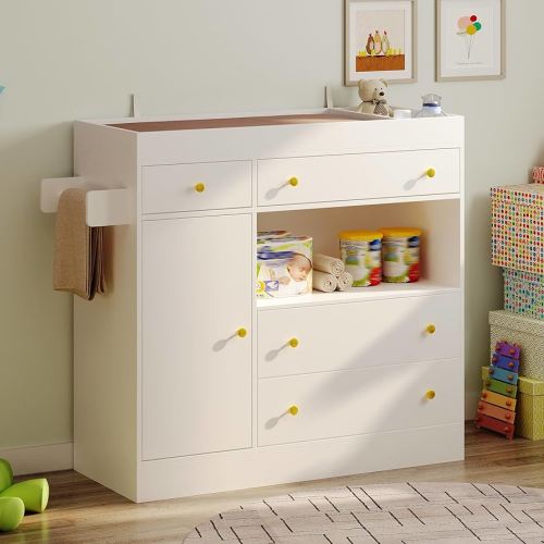 WOODTIME 43.3" W Nursery Dresser with Diaper Changing Tray, 2 Hidden Organizers & Towel Racks, Baby Kids Dresser Changing Table with 4 Drawers & 2 Shelves for Bedroom, White