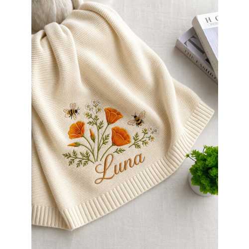 Custom Orange Poppies Embroidered Blanket, Soft Cotton Knit Blanket, Personalized Baby Shower Gift