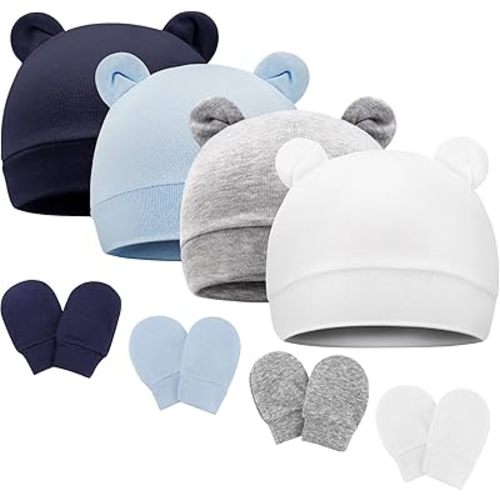 BQUBO Newborn Baby Bear Ears Hats and Mittens Sets Preemie Cotton Caps Baby Boy Girl Infant Hospital Beanie