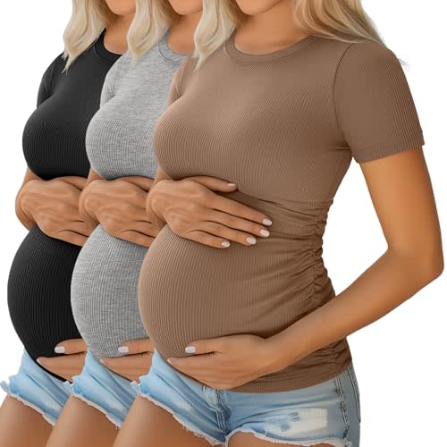 Ficerd 3 Pack Women's Short Sleeve Maternity Shirts | Cotton Summer Pregnancy Tops, Ribbed Fitted Maternity Clothes for Work, Basic Side Ruched Stretch Casual Mama Outfits