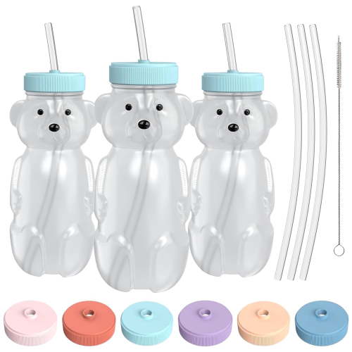 The 730 Project Honey Bear Straw Cup for Toddlers, Baby Bottle Therapy Set - 8oz, Aqua, 3-Pack