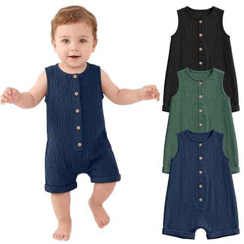 Halfchet 3 Pack Baby Boys Jumpsuit Cotton Newborn Romper Sleeveless Button Infant Playsuit Summer Outfit Clothes 0-24M
