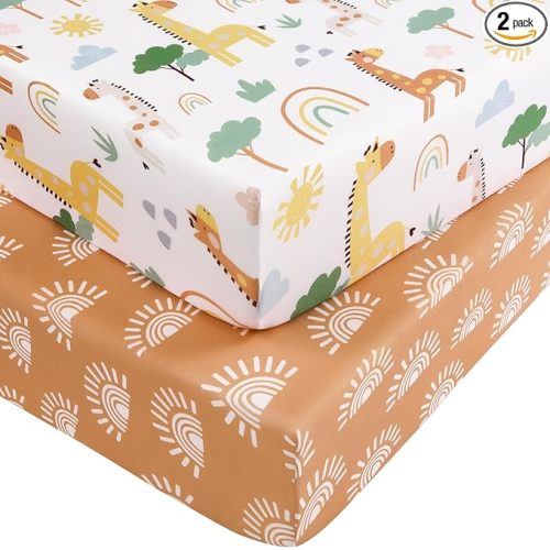 Pack and Play Sheets for Boys Girls, 38" x 26" Mini Crib Sheets Fitted for Pack n Play Mattress, Soft Breathable Playard Sheets, 2-Pack Khaki Giraffe