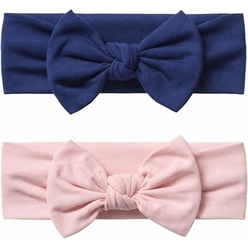 Baby Girl Headbands-Infant,Toddler Cotton Handmade Hairbands with Bows Child Hair Accessories (2, Navy Blue-Powder Pink, 3-36 Month)