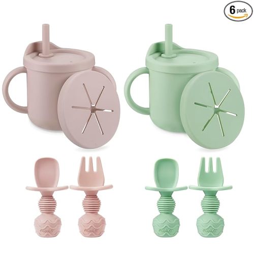 PandaEar 2 Pack Silicone Baby Straw & Snack Cup with 2 Spoons 2 Forks, Dual-Purpose Toddler Training Cups, Pink Green