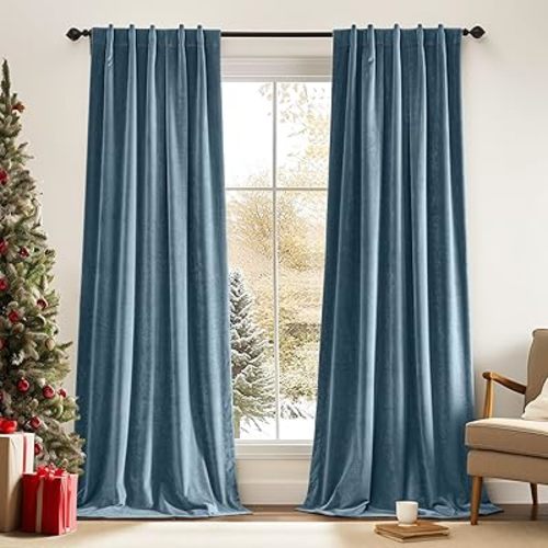 Lazzzy Velvet Blackout Curtains Blue Thermal Insulated Curtains Luxury Window Drapes for Bedroom Living Room Darkening Soundproof Privacy Home Decor Rod Pocket 90 Inch Long 2 Panels Dark Slate