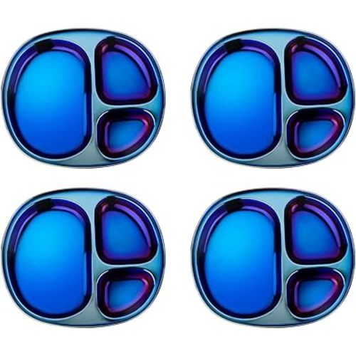 Ahimsa Stainless Steel Plates For Kids, Pediatrician Designed Divided Plates for Toddlers & Baby, Non Toxic, Unbreakable & Dishwasher Safe, Iridescent Blue Set of 4