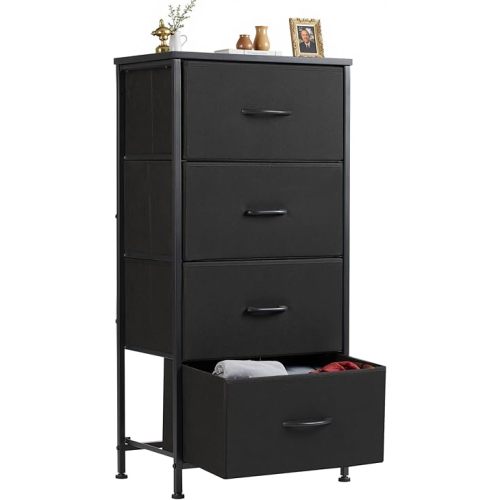 Sweetcrispy Nightstand Small Bedroom Dresser with 4 Fabric Drawers, Bed Side Furniture End Table, Wooden Top Cabinet Night Stand Dresser for Closet, Entryway, Dorm, Black
