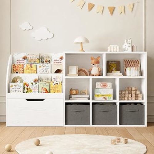 Kids Bookshelf and Toy Storage, 58.5’’ Toy Storage Organizer with Movable Chests & 3 Storage Bins, Large Kids Reading Nook Toy Organizers and Storage with 5 Cubbies for Playroom, Bedroom, White