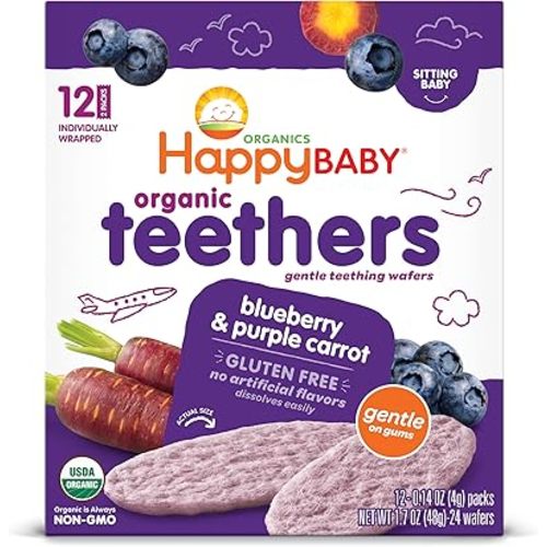 Happy Baby Gentle Teethers Organic Teething Wafers Blueberry Purple Carrot, 0.14 Ounce Packets (Box of 12) Soothing Rice Cookies for Teething Babies Dissolves Easily, Gluten Free No Artificial Flavor
