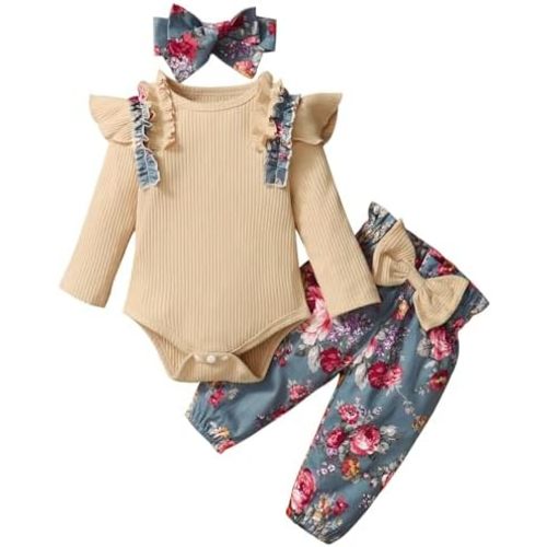 Baby Girl Clothes Newborn Infant Long Sleeve Ruffle Romper Floral Pants Outfit Set for 0-18 Months