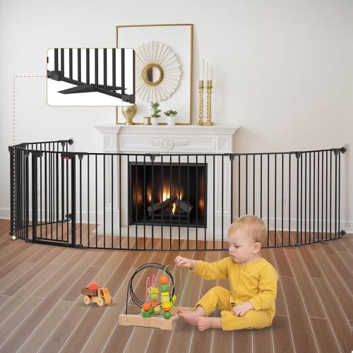 Baby Gate 27.5"-199" Extra-Wide Playpen with Stands, Play Yard Child Safety Fence, Dog Gate with Auto-Close Door, Double Locking System for Fireplace, Foldable 8 Panels, Black 29" Height