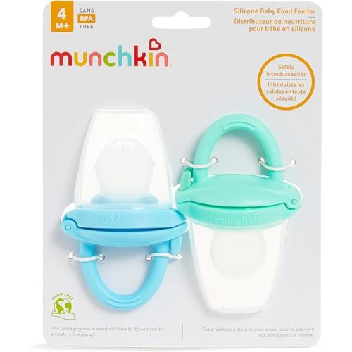 Munchkin Silicone Baby Food Feeder for Solids and Purees, Great for Self-Feeding and Baby Led Weaning, 2 Pack, Blue/Mint