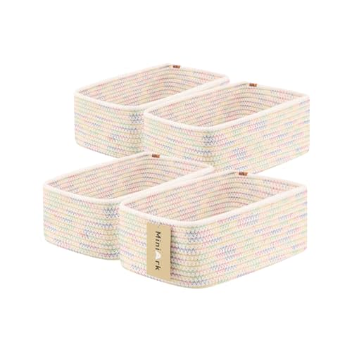 MiniArk Small Storage Baskets for Organizing | Closet Organizer Bins | Shelf Toy Basket | Woven Rope Baskets | Cube Decorative Box | Shallow Basket | 11.5x7.5x4.7” | 4 Packs Rainbow